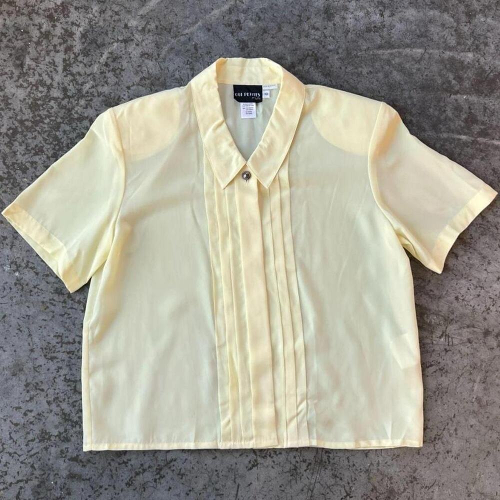 TanJay Oui Petites Butter Yellow Tuxedo Short Sleeve Button Up Pleat Blouse 10P